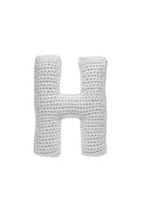 Handmade crocheted letter H in light grey yarn, isolated on white background