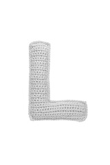 Handmade crocheted letter L in light grey yarn, isolated on white back