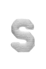 Handmade crocheted letter S in light grey yarn, isolated on white back