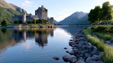 Serene Highland Stronghold Surrounded by Misty Morning Clouds and Mountain Reflections