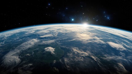 Fototapeta premium Breathtaking View of Earth from Space Showcasing Vibrant Blue Oceans Green Continents and White Cloud Cover Under a Dark Infinite Cosmos Above