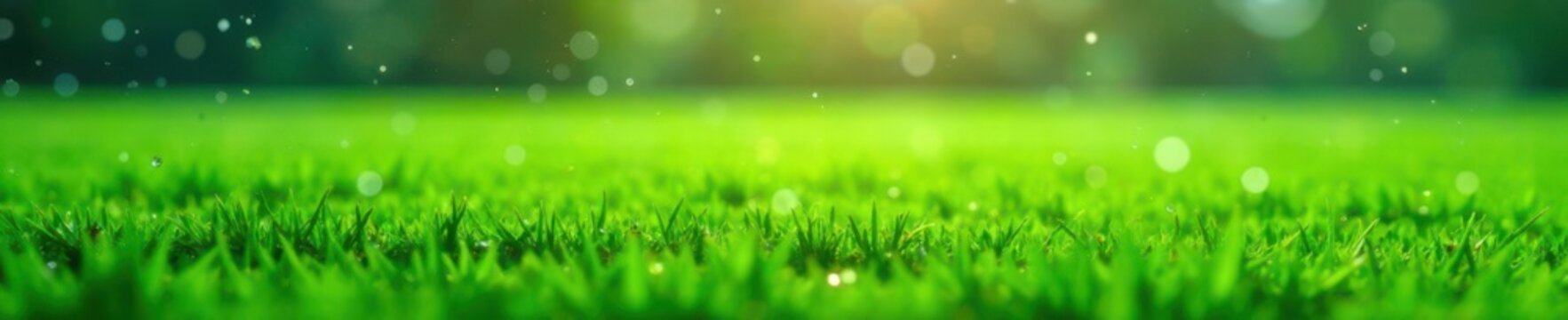 Soccer field grass conner with water droplets, soccer ball, field
