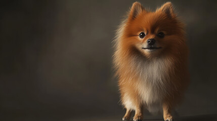 Full-body realistic Pomeranian in a studio-like setting with a soft focus clean background