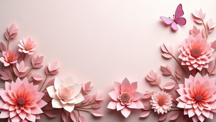 Fototapeta premium Paper Flowers and Butterfly Background- Pink
