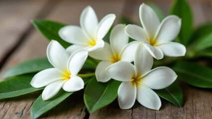 Obraz premium Frangipani Flowers With Green Leaves On Wood