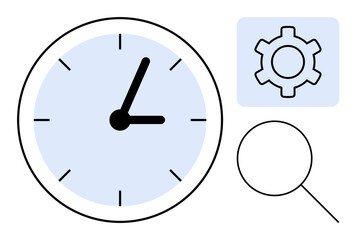 Clock face, gear icon, and magnifying glass symbolizing time tracking, productivity, optimization, analysis, efficiency, task management and research. Ideal for workflows team productivity