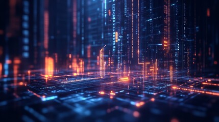 Digital art aerial view of a futuristic data-driven urban environment