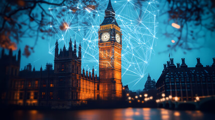 London at Night: Digital Connections: The iconic Elizabeth Tower (Big Ben) and the Houses of Parliament are illuminated at night, overlaid with a futuristic network of digital connections.