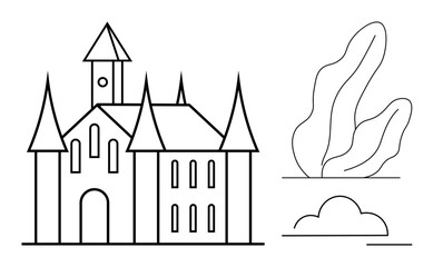 Gothic-style castle with pointed spires and tall windows, adjacent tall plants and clouds. Ideal for fantasy, history, architecture, storytelling, creativity, design inspiration, simple landing page