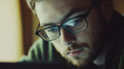 Full-frame photo of a thoughtful man in glasses working on a laptop, minimal modern workspace