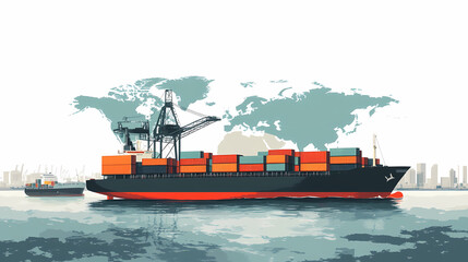Fototapeta premium Global Trade Network: A detailed illustration depicts a container ship laden with cargo navigating the open seas, juxtaposed against the backdrop of a world map.