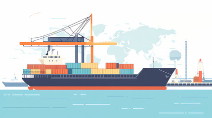 Fototapeta premium Global Commerce: A container ship, laden with cargo, sails into a bustling port, ready to facilitate international trade and global commerce