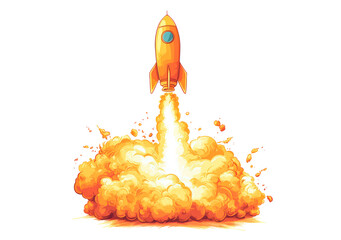 Cartoon rocket launches with fiery orange flames and smoke isolated on transparent background