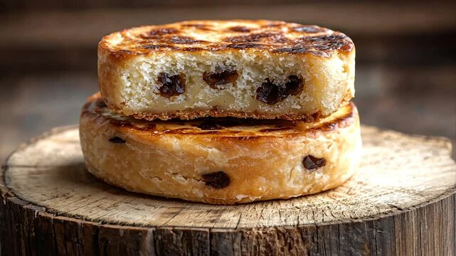 Two halved raisin oatcakes on a wood stump