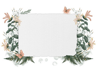 Watercolor hand painted nature floral banner with pink honeysuckle flowers and green fern on the...
