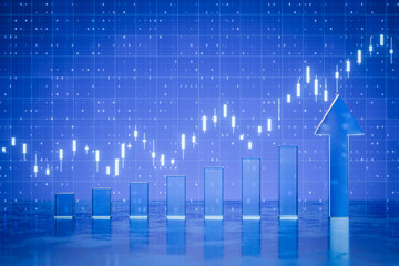 Growth of indicators. Price increase. Growing chart concept. Rising chart. Up chart. Financial chart shows price and goes up. Growth of cryptocurrency, stock or currency. Stock chart. 3D render.