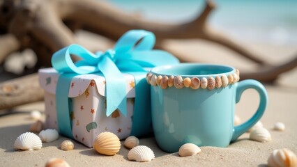 Beach Gift And Blue Mug On Sand