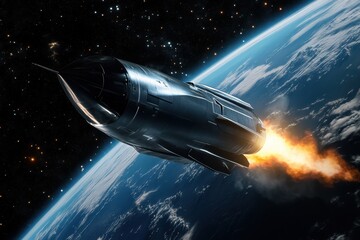 Fototapeta premium Rocket launches into space above Earth with bright flame and beautiful planet backdrop