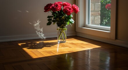 Fototapeta premium A vibrant bouquet of red roses in a glass vase casting shadows on a sunlit wooden floor - parquet flooring