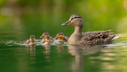 Mother Duck Leads Ducklings on Serene Lake, Swimming Gracefully with Family in Nature's Embrace
