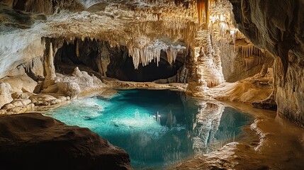 A view inside a cave with stalactites and stalagmites and a pool of turquoise water reflecting the cave