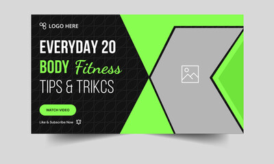 Daily body fitness video thumbnail banner design, everyday exercise tips and trick video cover banner design, fully editable vector eps 10 file format
