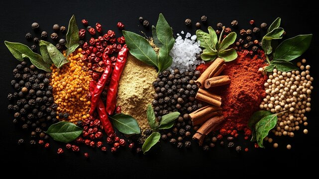 vibrant spices like black pepper, chili powder, cinnamon & cumin on black background. Ultra-realistic, cinematic food photography.