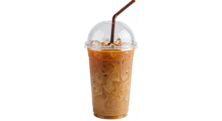 Iced coffee beverage in a plastic cup with a straw and dome lid on a black background isolated