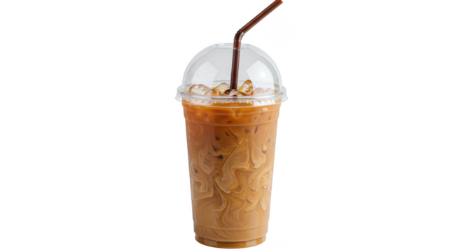 Iced coffee beverage in a plastic cup with a straw and dome lid on a black background isolated