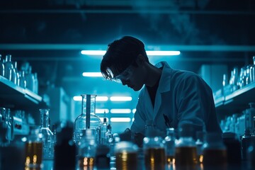 Fototapeta premium Scientist conducts research in a laboratory under blue lighting