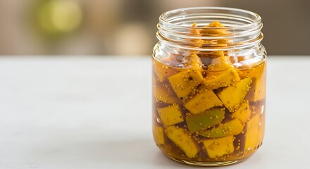 Delicious homemade mango pickle recipe in a glass jar for healthy eating and food preservation methods
