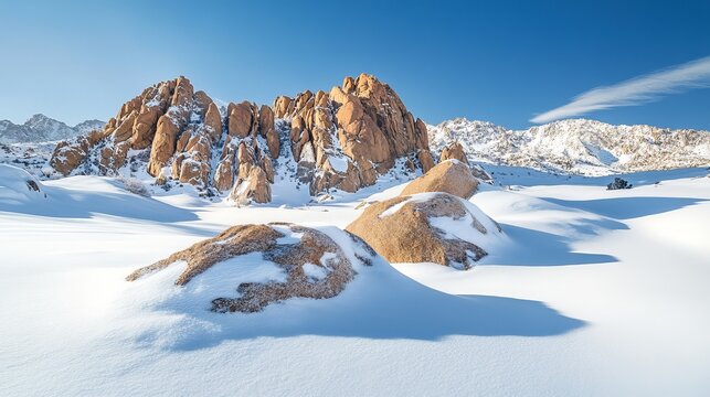 Snowy landscape with large rocks and mountains under a clear blue sky on a sunny winter day scene