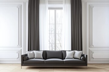 Fototapeta premium Elegant room with a sofa, decorative trim, window with curtains, pillows, & herringbone floor