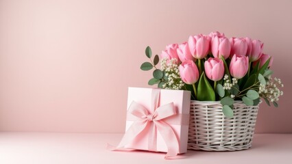 Obraz premium Pink Tulips In Basket With Gift