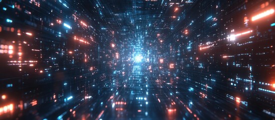 Obraz premium Abstract digital tunnel, glowing code, futuristic background. Use Technology, digital art, sci-fi