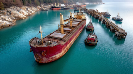 Aging rusty cargo ship assisted by tugboats near a dilapidated industrial pier in a sheltered bay or fjord.