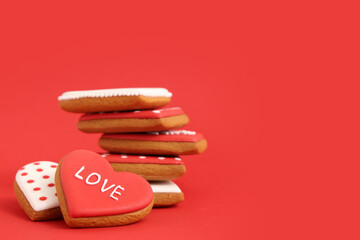 Heart shaped cookies on red background. Valentine's day celebration