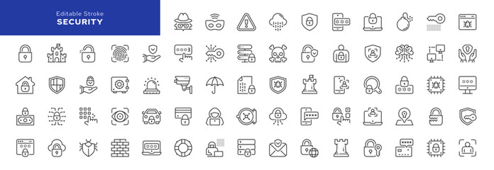 Security line icon set. Safety, cyber protection, shield, locking padlock, password, safe key, data protection and web security. Outline vector icon in linear style. Pictogram collection	