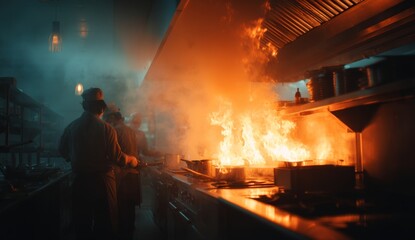 Kitchen Fire Emergency: Chefs Battle Blaze, Intense Flames Engulf Cooking Equipment During Service