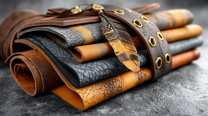 Stack of rustic leather material samples in various textures and colors with strap and feather charm for crafting.
