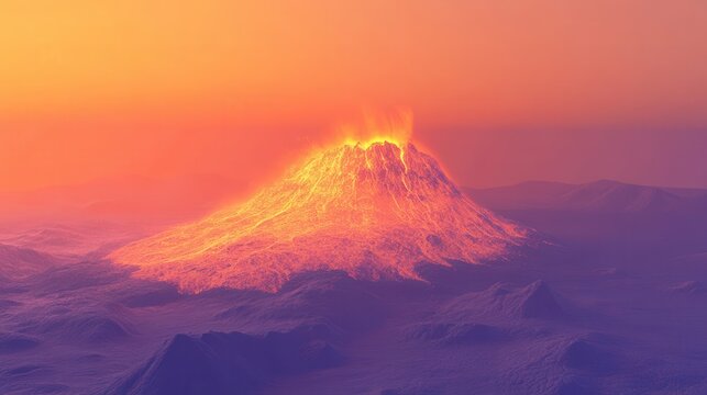 Fiery volcano erupts at dawn over icy peaks.