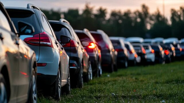 A long line of parked cars or a traffic jam during the golden rush hour at an outdoor event amidst lush green fields