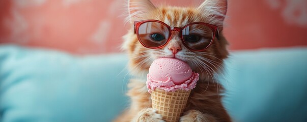 A ginger cat with sunglasses holds a pink ice cream cone in its paws.