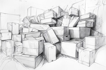 Sketch depicts a chaotic pile of cardboard boxes stacked high