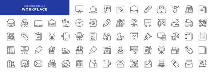 Workplace line icon set. Office work, worker, office items, equipment, tools, stationery and more. Outline vector icon in linear style. Pictogram collection	