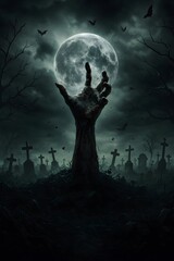 Terrifying Halloween graveyard scene with a zombie hand rising from the ground under a full moon, surrounded by tombstones, bats, and dark clouds, symbolizing horror and fear.