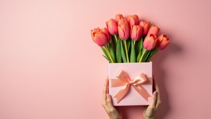Hands Holding Pink Gift Box With Tulips