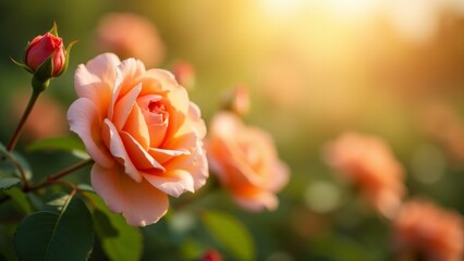 Close Up Blooming Peach Rose Garden