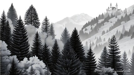 Obraz premium Serene Alpine Landscape with Mist Clinging to Pine Trees in a Tranquil White Horizon