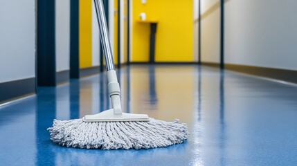 Torso portrait of Janitor Custodian mopping floor in a hallway with a seamless untextured navy background The janitors diligent efforts maintain a clean and safe environment for employees and clients